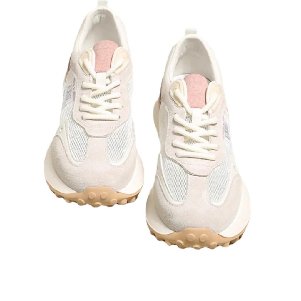 Women's grey and pink retro sneakers with mesh lining and rubber soles, low-top design