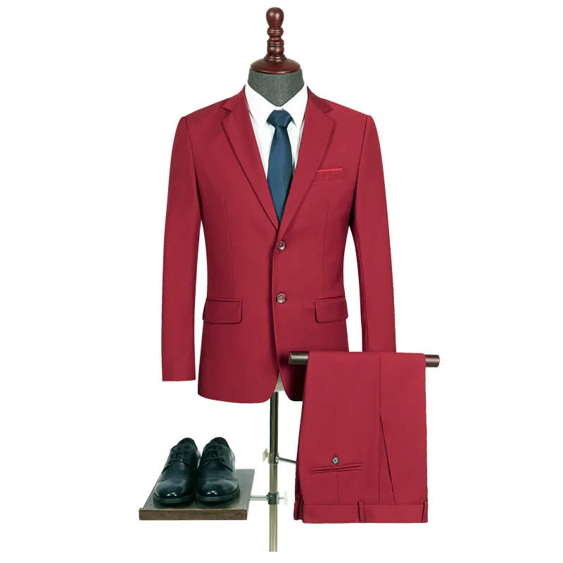 Men's slim fit two-piece business suit in navy blue with jacket and matching trousers on a plain background, plus size option