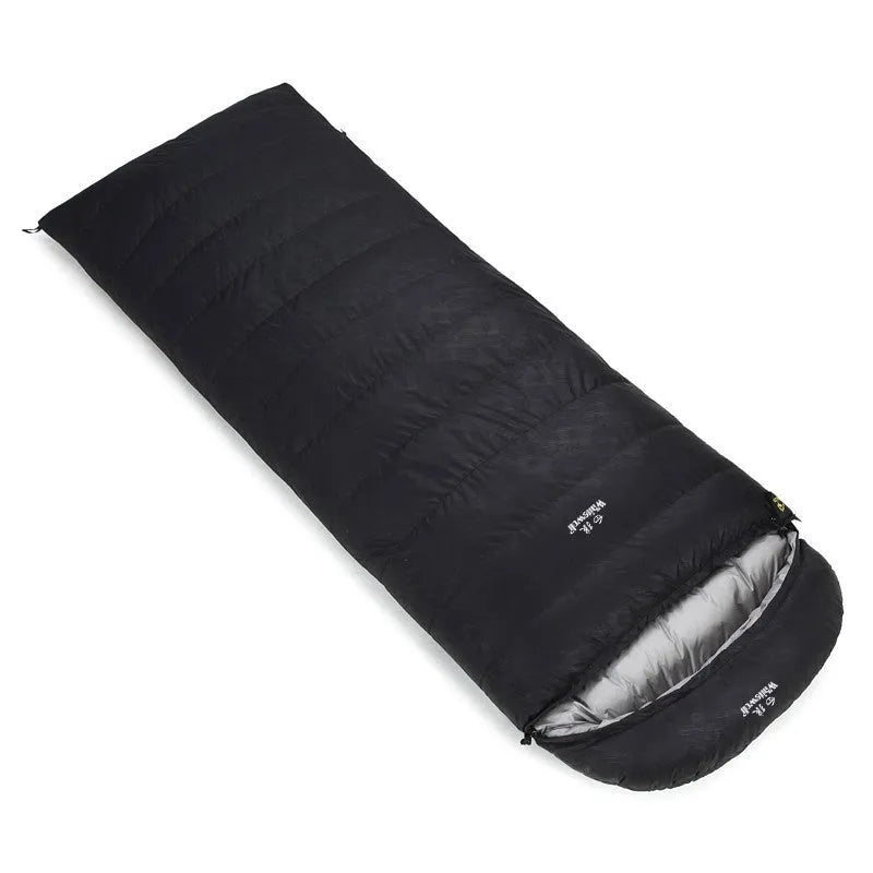 Black outdoor down sleeping bag with envelope structure for adults, shown with white goose down filler.