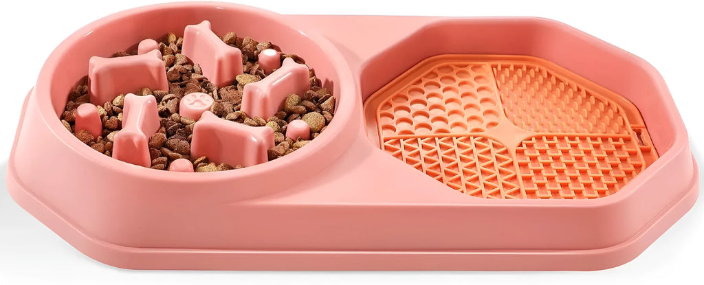 Blue interactive slow feeder dog bowl with maze pattern for anti-gulping, shown with four non-slip pads.
