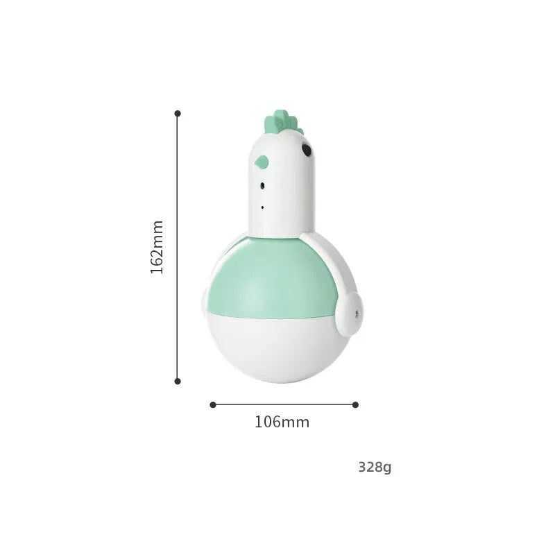 Green or orange electric cat toy chicken with laser and sound features on flat surface