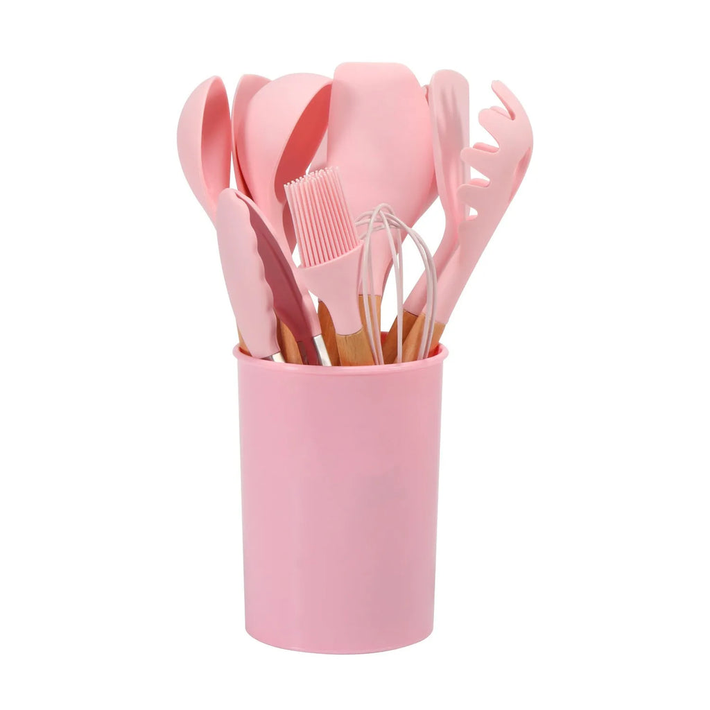 12-piece silicone kitchenware set with wooden handles in modern simplicity design, colour box packaging