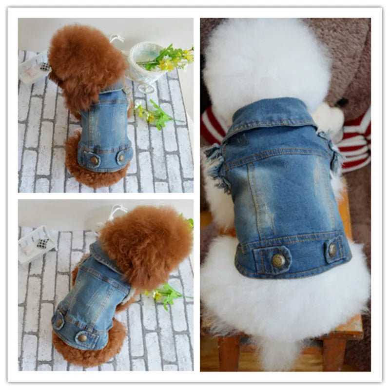 Denim pet dog vest with retro scratch pattern in dark and light colours for small breed autumn winter wear