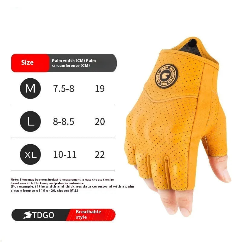 TDGO genuine leather retro biker gloves in yellow with half-finger and full-finger windproof styles