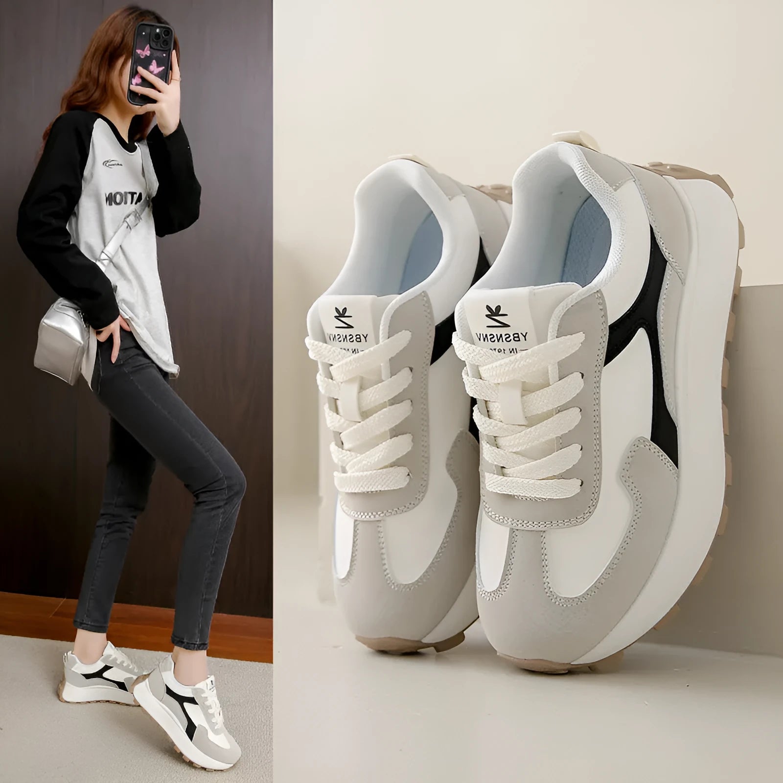 Women's low-top platform running shoes in black, red, or grey with lace-up front and flat rubber sole.