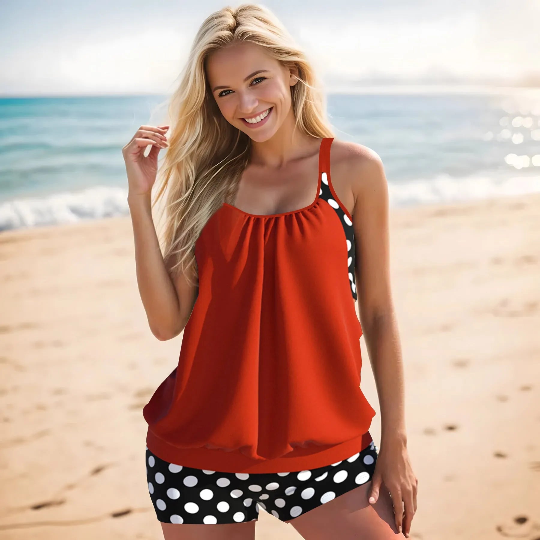 Women's black polka dot high-waist boxer swimsuit briefs for swimming and fitness.