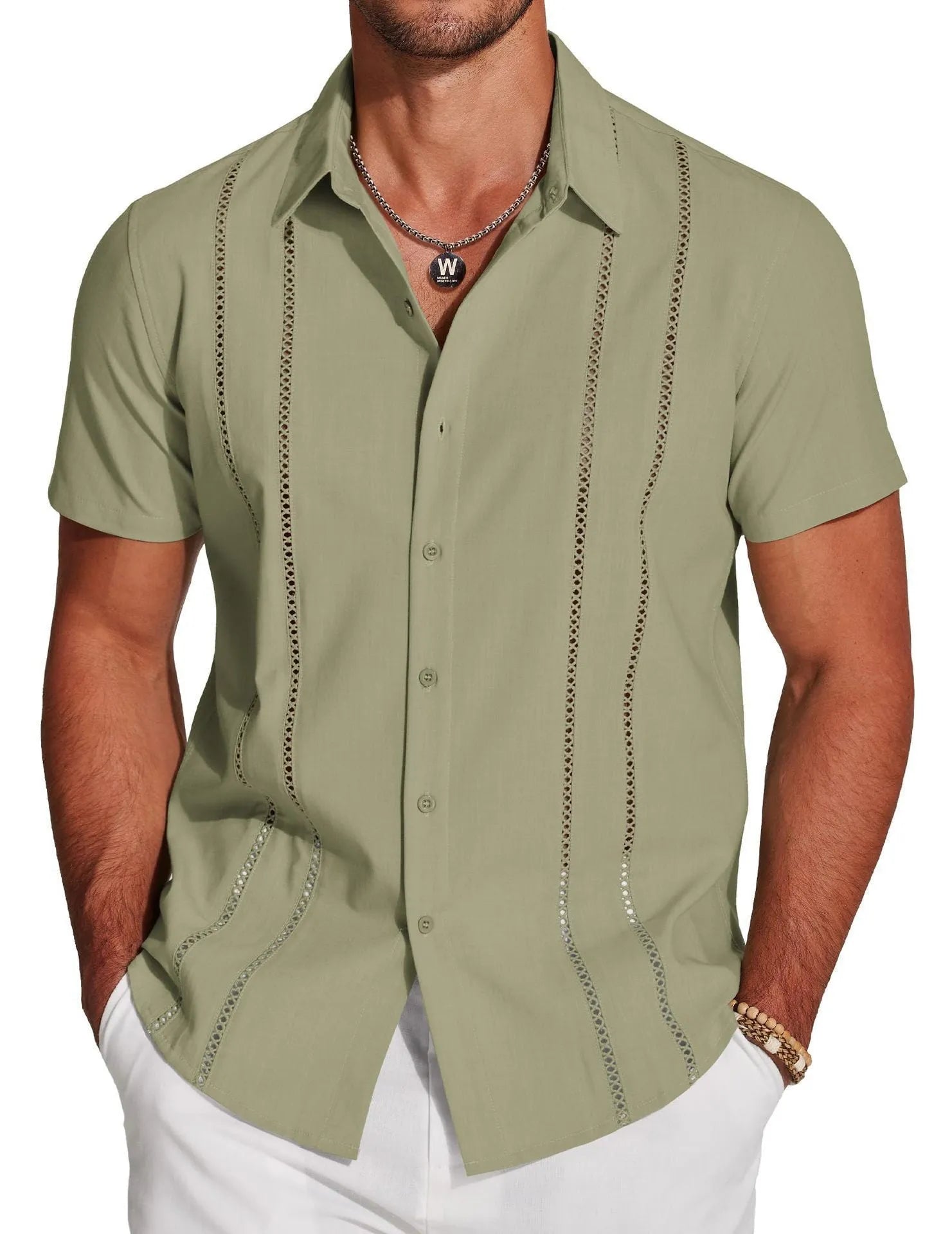 Men's slim fit Hawaiian shirt with colourful digital print pattern on polyester fabric.