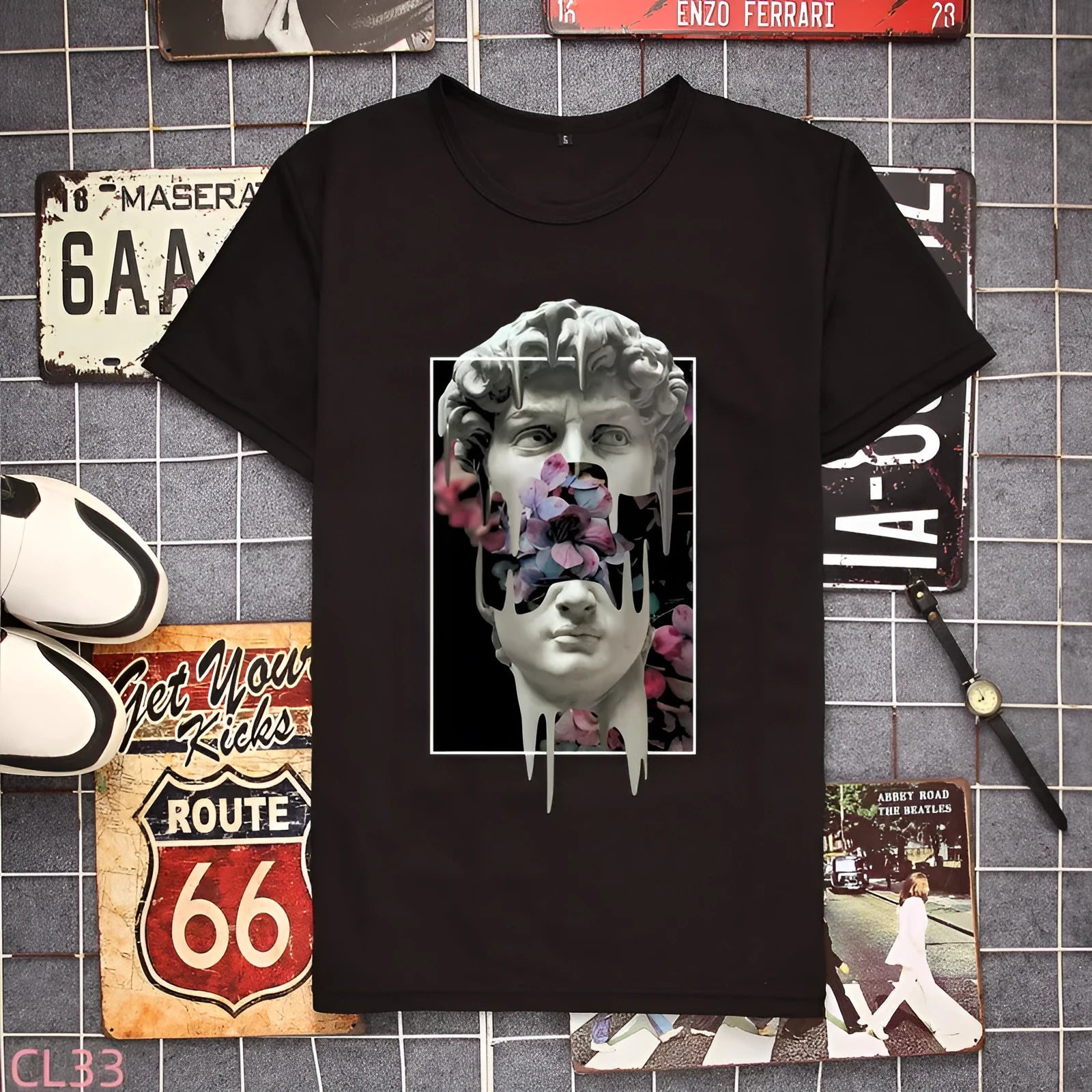Men's black loose short-sleeve t-shirt round neck polyester fibre heat transfer print