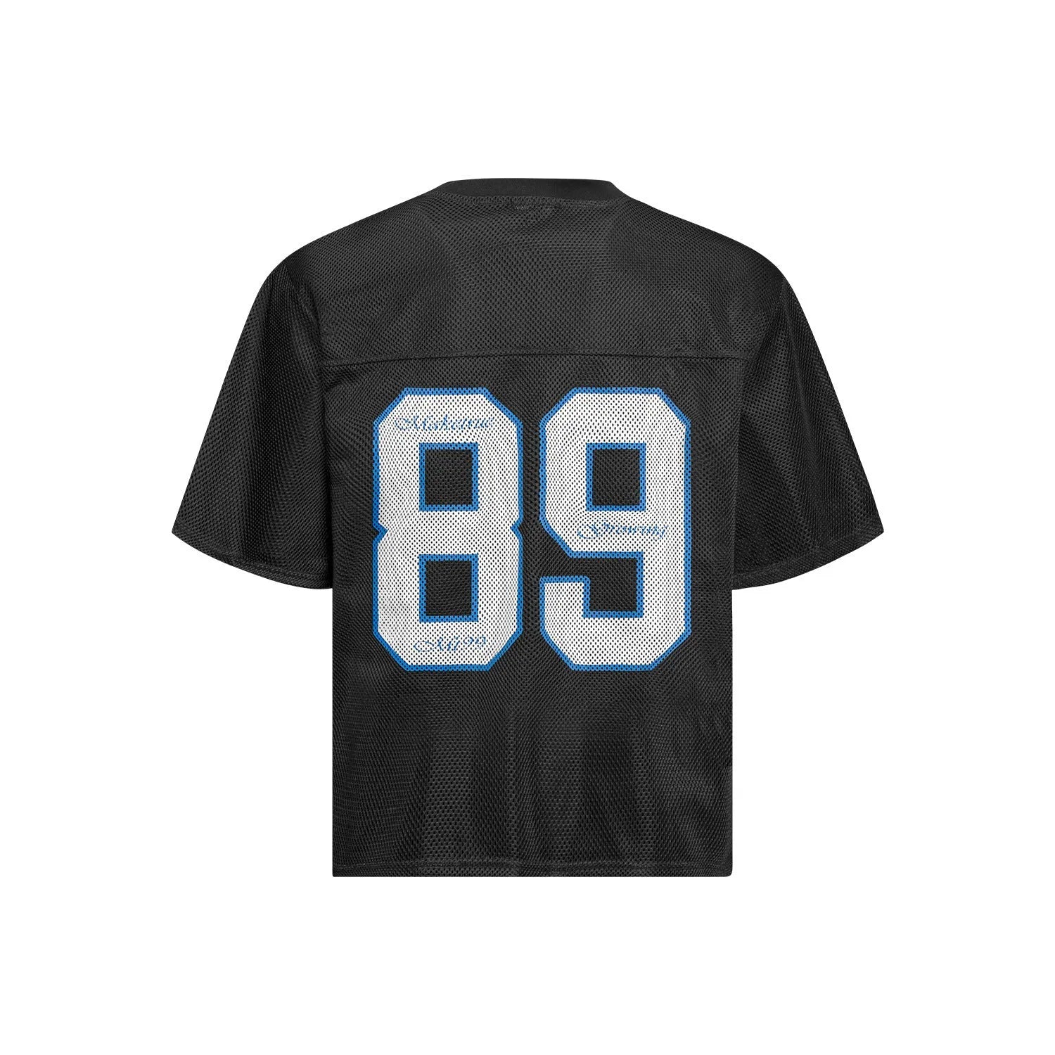 Black loose-fit t-shirt with white alphanumeric graphic print on the front.