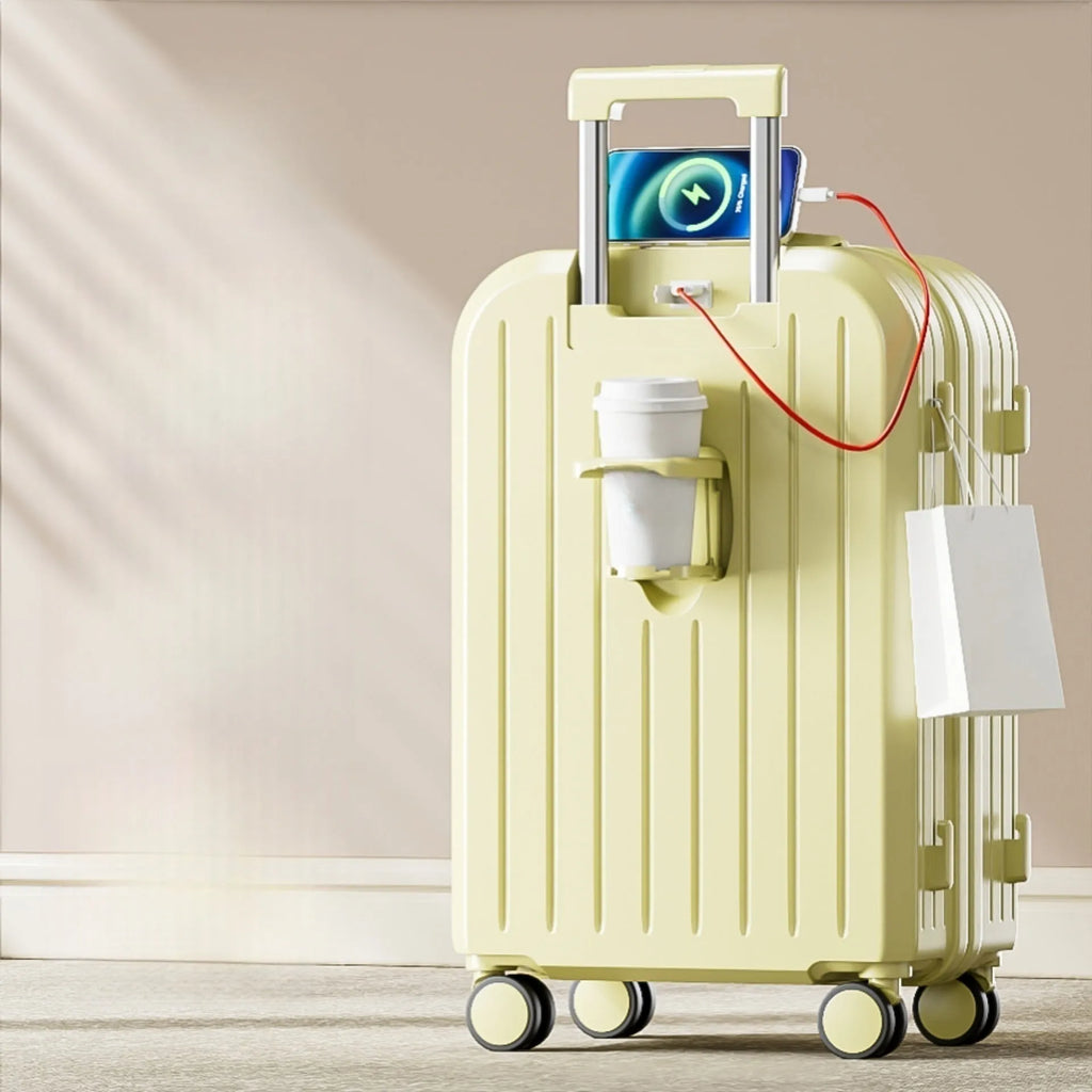 Small lightweight password suitcase trolley case with striped pattern and universal wheels in multiple colours