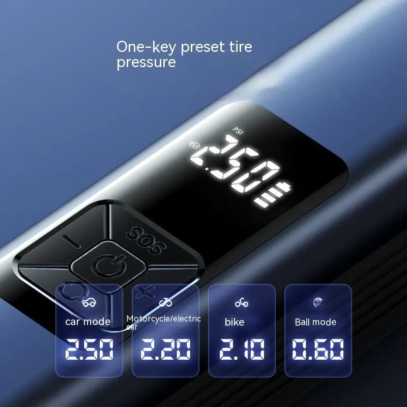 Wireless car air pump with digital display, vacuum cleaner attachment and emergency lighting functions
