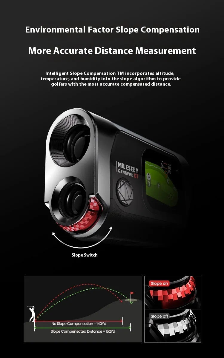 Black GenePro G1 golf GPS laser rangefinder with AMOLED touch screen shown in hand.