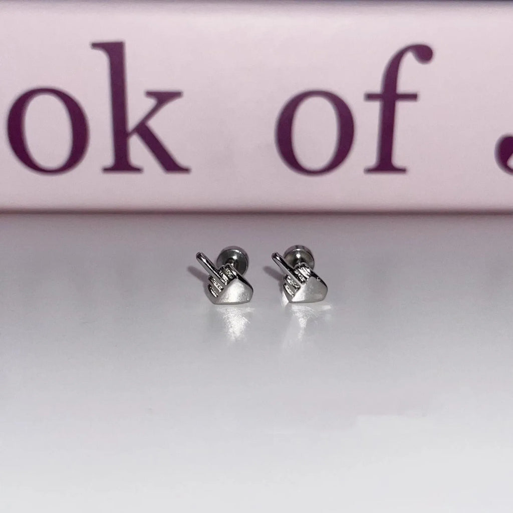 Niche quirky middle finger alloy screw clasp ear cartilage earring for women, vertical motif, bow shape, one pair