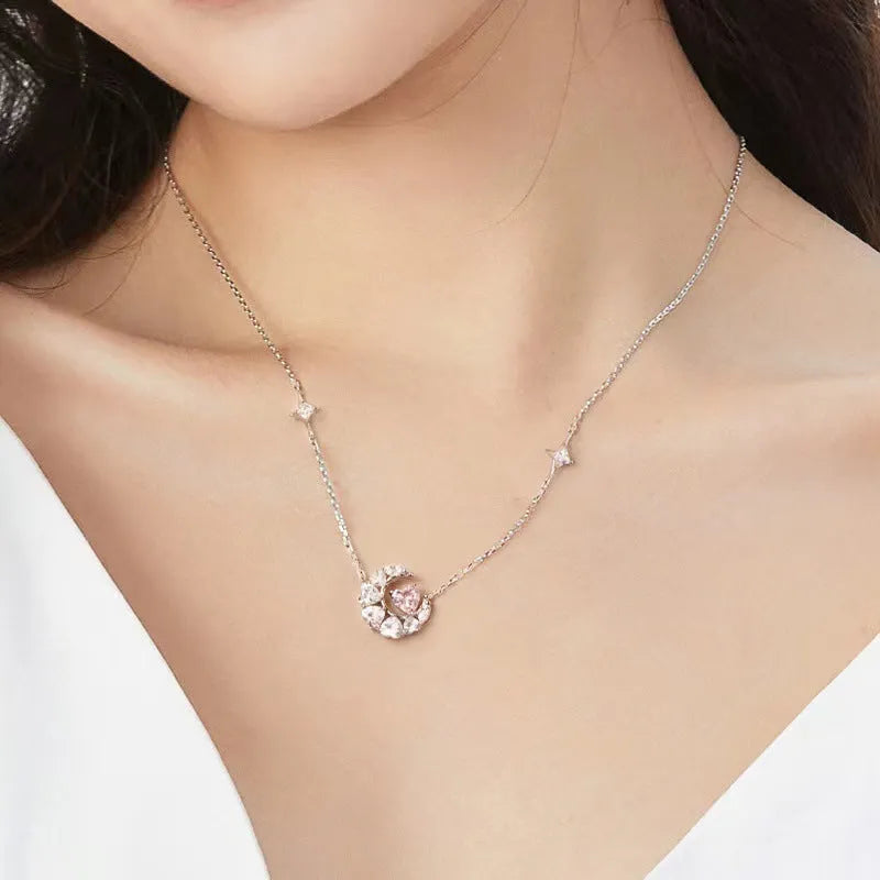 Dream Heart Moon Necklace copper heart pendant with moon and stars in pink diamond finish on cross chain