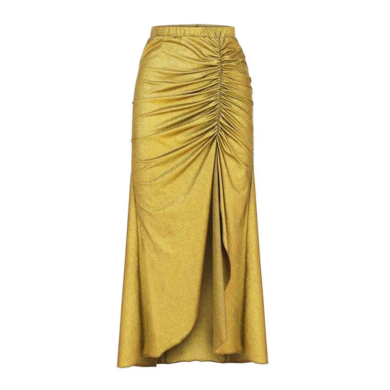 Women's high-waist split swimsuit set with skirt, top, and pants in green and yellow colours