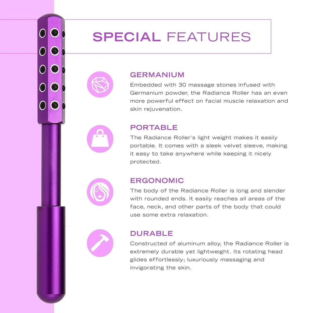 Germanium stone facial roller beauty stick in black, purple, and rose gold, 19x172 mm size