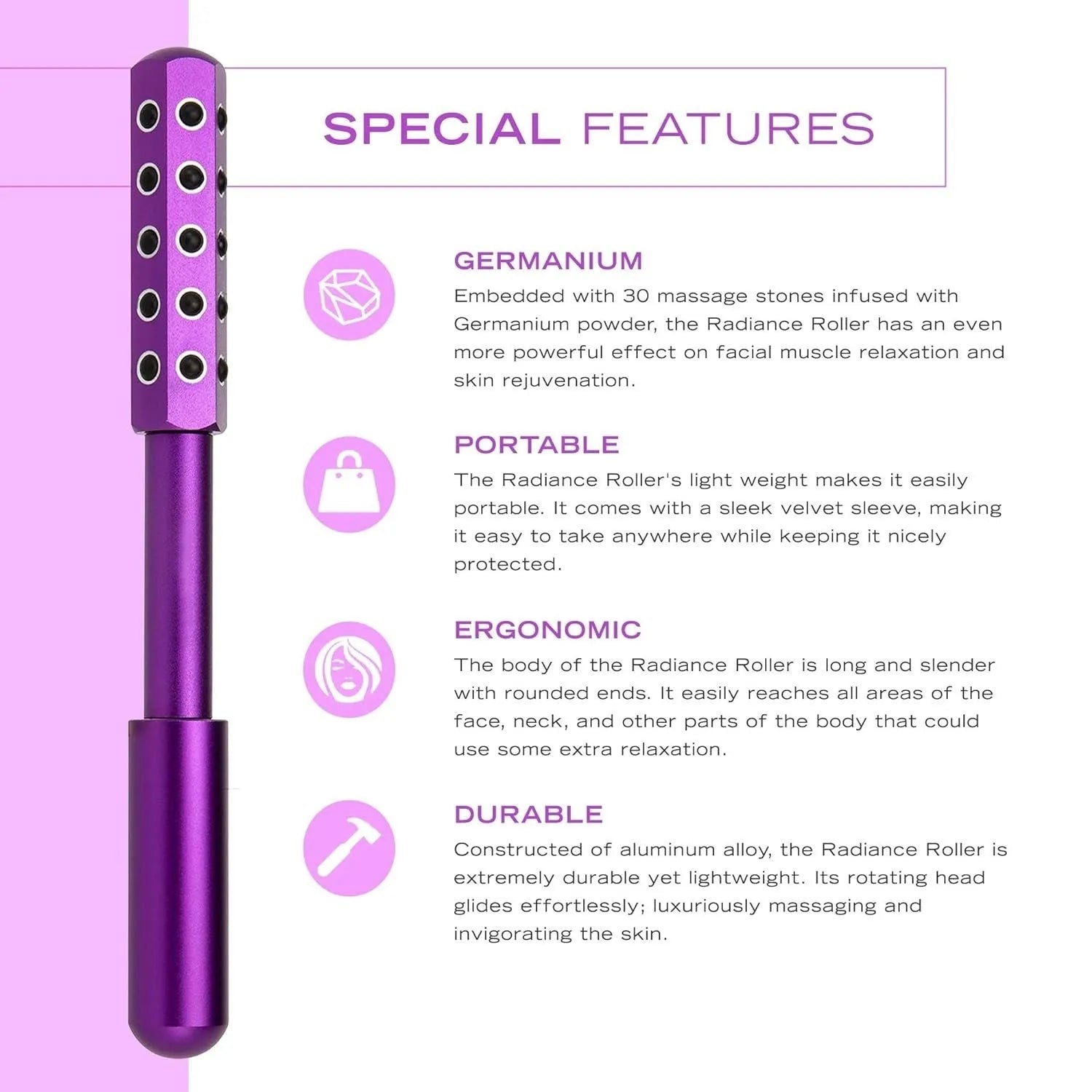 Germanium stone facial roller beauty stick in black, purple, and rose gold, 19x172 mm size