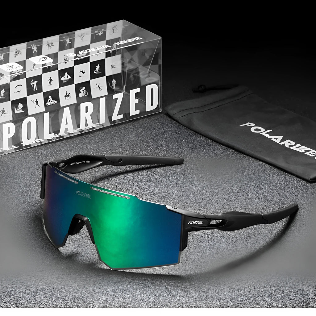TR90 frameless polarized cycling sunglasses in a regular fit on a solid background.