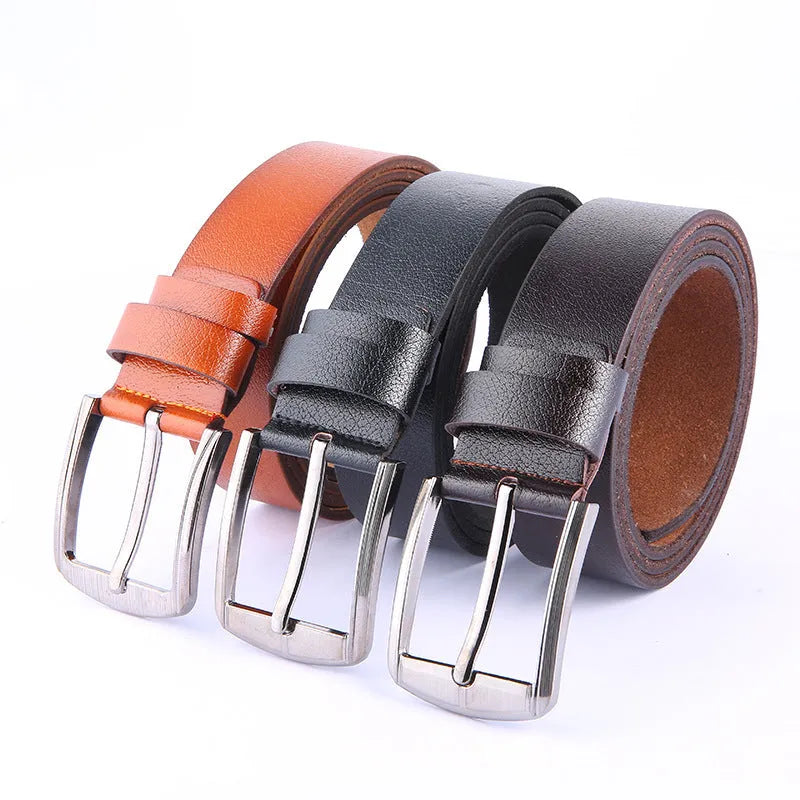 Leather pin buckle belt with metal buckle, adjustable 100-135cm, available in black, brown, and camel colours