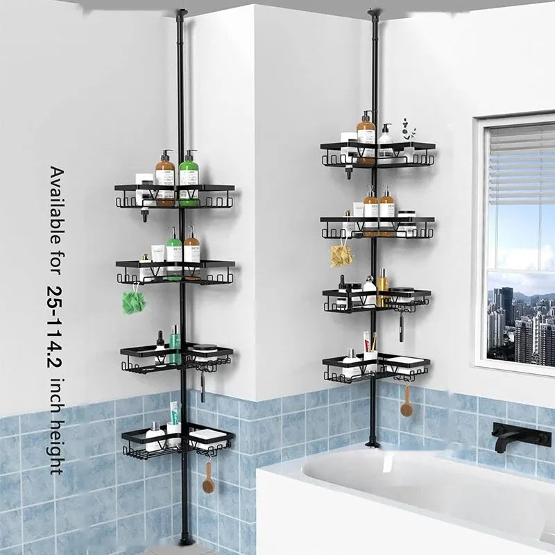 Hole-free retractable bathroom storage rack with four layers and stainless steel construction