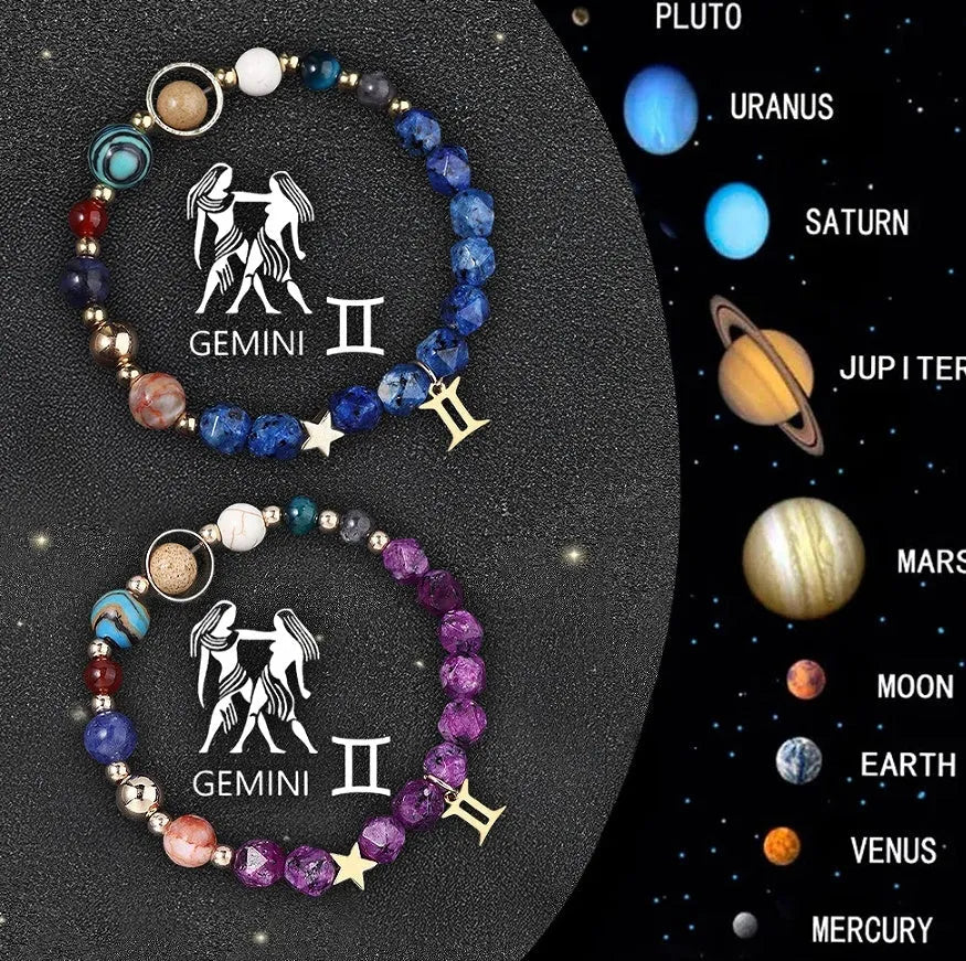 Two adjustable beaded bracelets with natural stone zodiac charms and metal accents on a wrist.