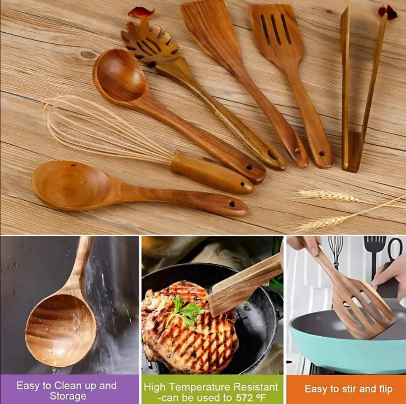 Seven wooden cooking utensils with non-slip handles designed for non-stick pans