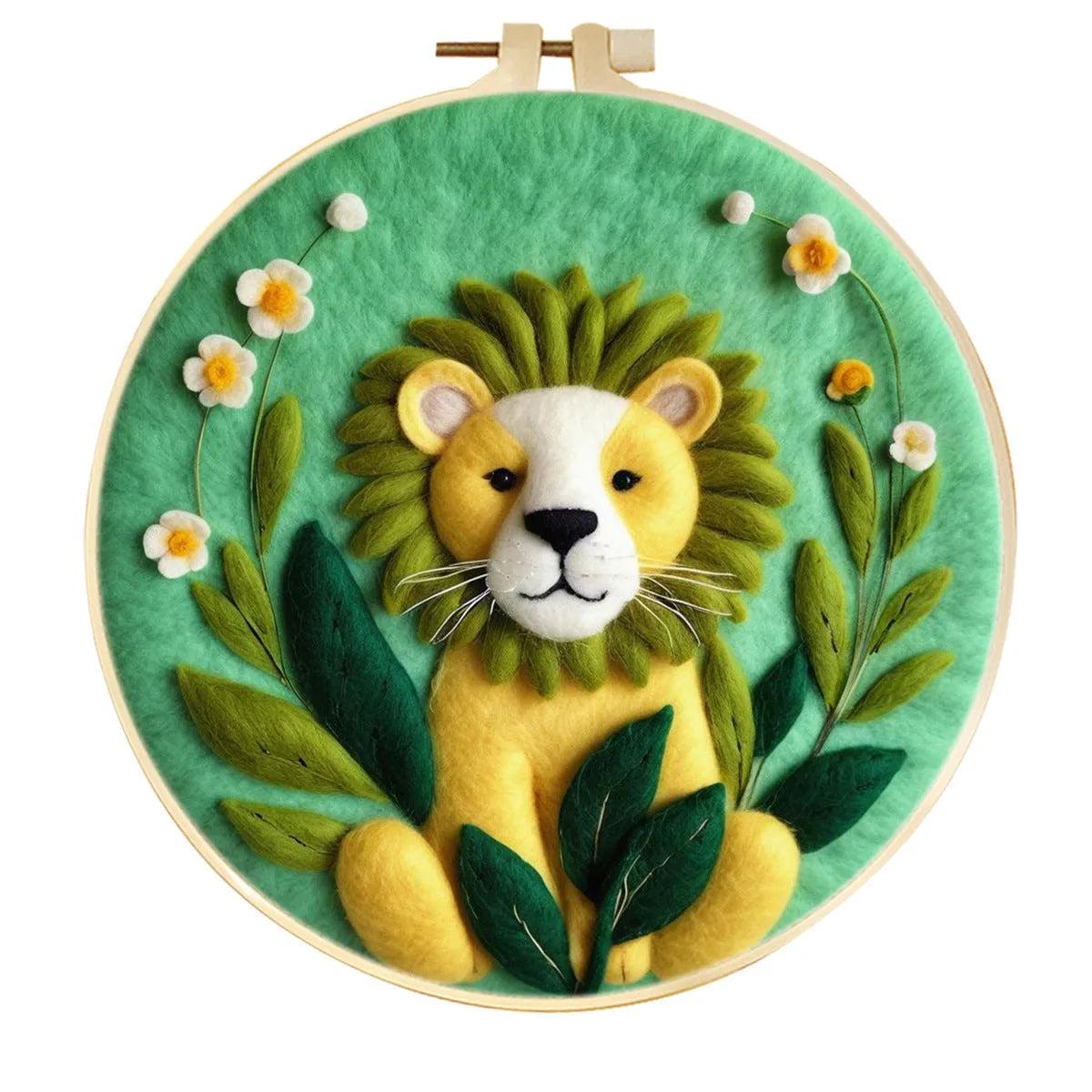 Round 20x20 cm linen embroidery kit with wool felt pieces for floral design and included embroidery frame.