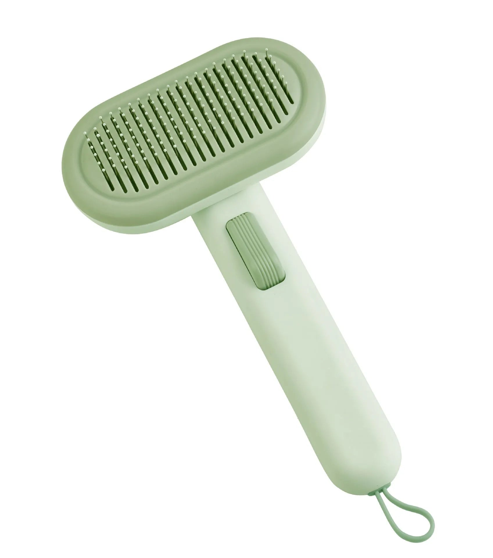 Large light grey pet hair removal comb with stainless steel blade and one-click button.