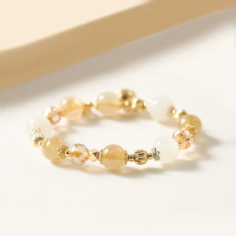 Korean style gold rutilated quartz crystal bracelet with electroplated lucky fortune colour tones