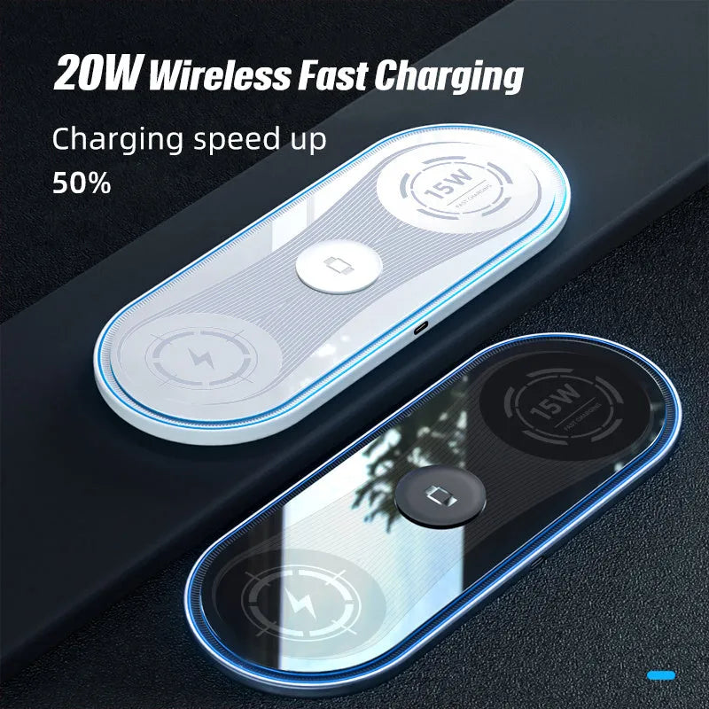 Flat 3-in-1 wireless charger 15W with ambient light in Black, charging a smartphone and earbuds on a desk
