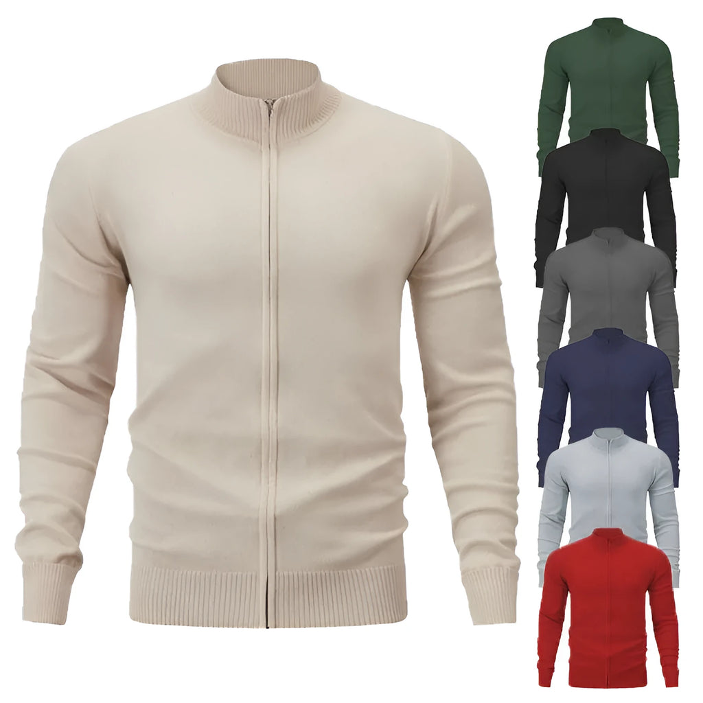 Men's casual stand collar cotton zipper sweater in a loose cardigan fit