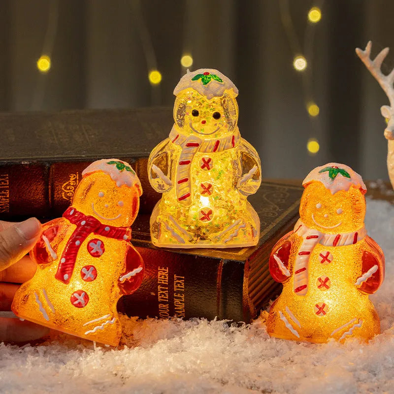 Glowing plastic gingerbread man Christmas ornament with a scarf in one of four colour options.