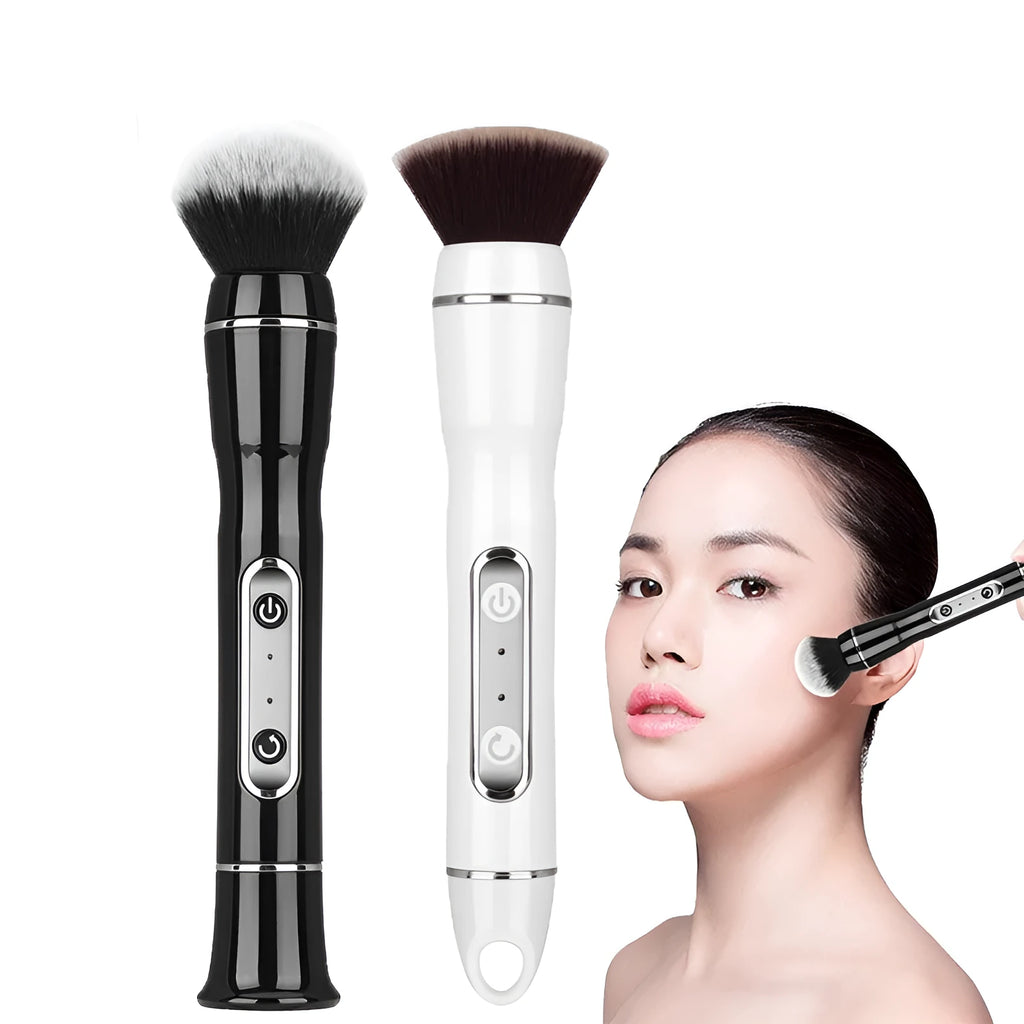 Electric makeup brush with white body, fibre wool bristles, and two rounded brush heads including foundation and blush applicators