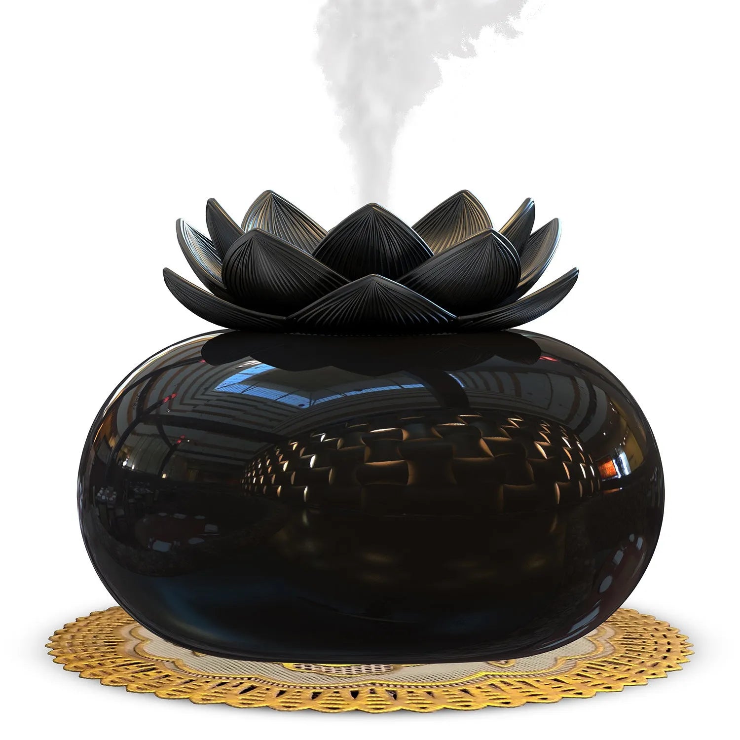 Pure black round lotus aromatherapy humidifier with USB cable and ceramic stone.