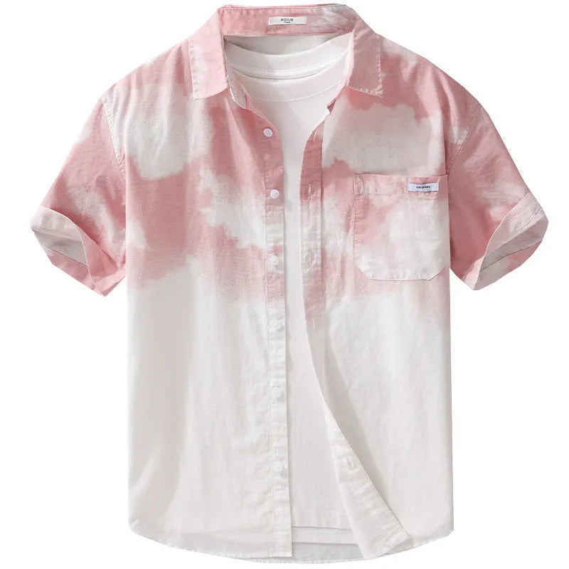 Man modelling a light pink loose-fitting pure cotton short-sleeved cardigan shirt.