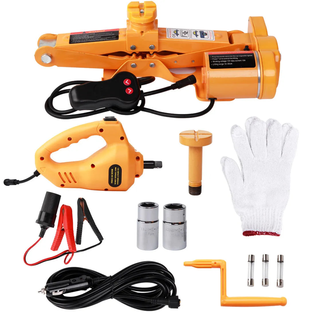 Yellow 12V electric car jack set with electric wrench for vehicle tyre changes