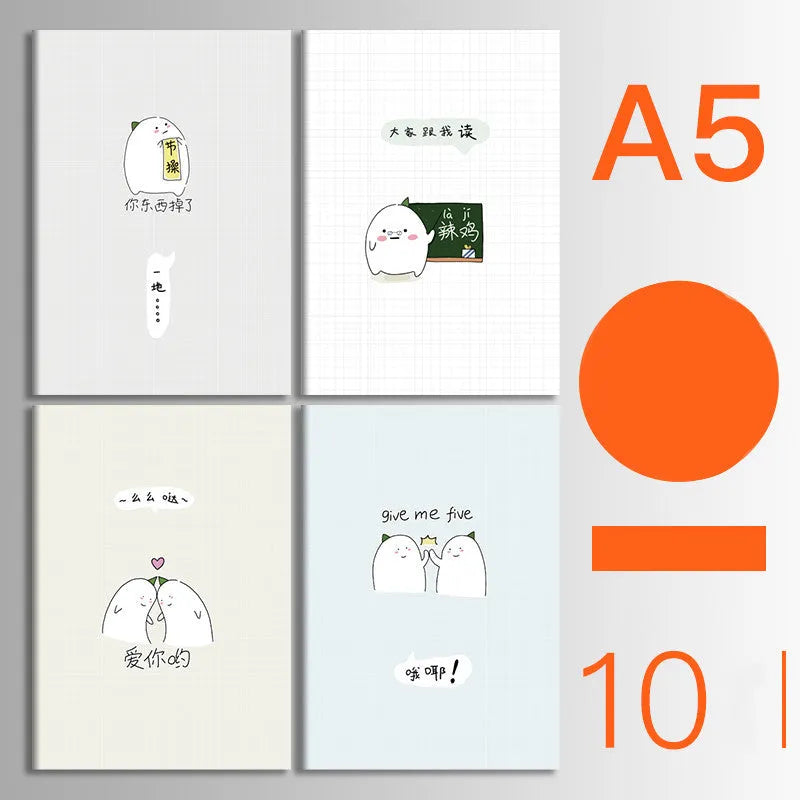 Bundle of ten soft-cover kraft paper notebooks with thread binding in various animal and nature designs.