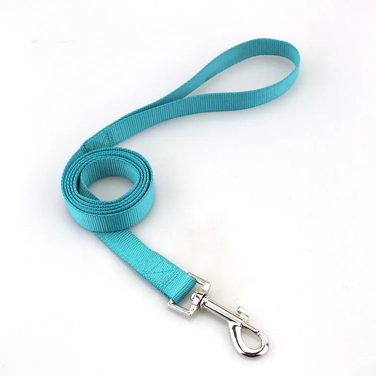 Solid colour polyester dog training lead with integrated hand-holding rope grip shown in blue.