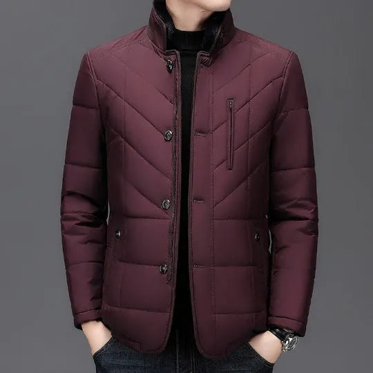 Men's short winter padded coat in dark blue with side seam pockets.