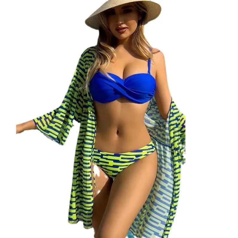 Women's striped three-piece swimsuit with mesh jacket in blue, green, orange, pink, rose red, white, yellow