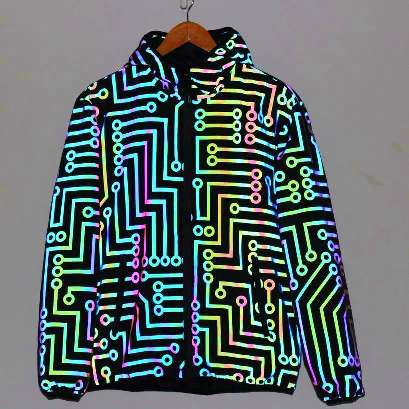 Unisex black reflective hooded jacket with straight hem, 95% polyester, available in sizes M to 3XL for dance