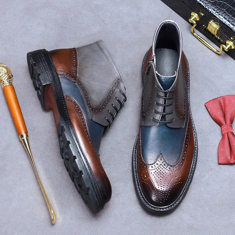 Men's coffee blue vintage brogue ankle boots with colour-blocked panels and leather laces.