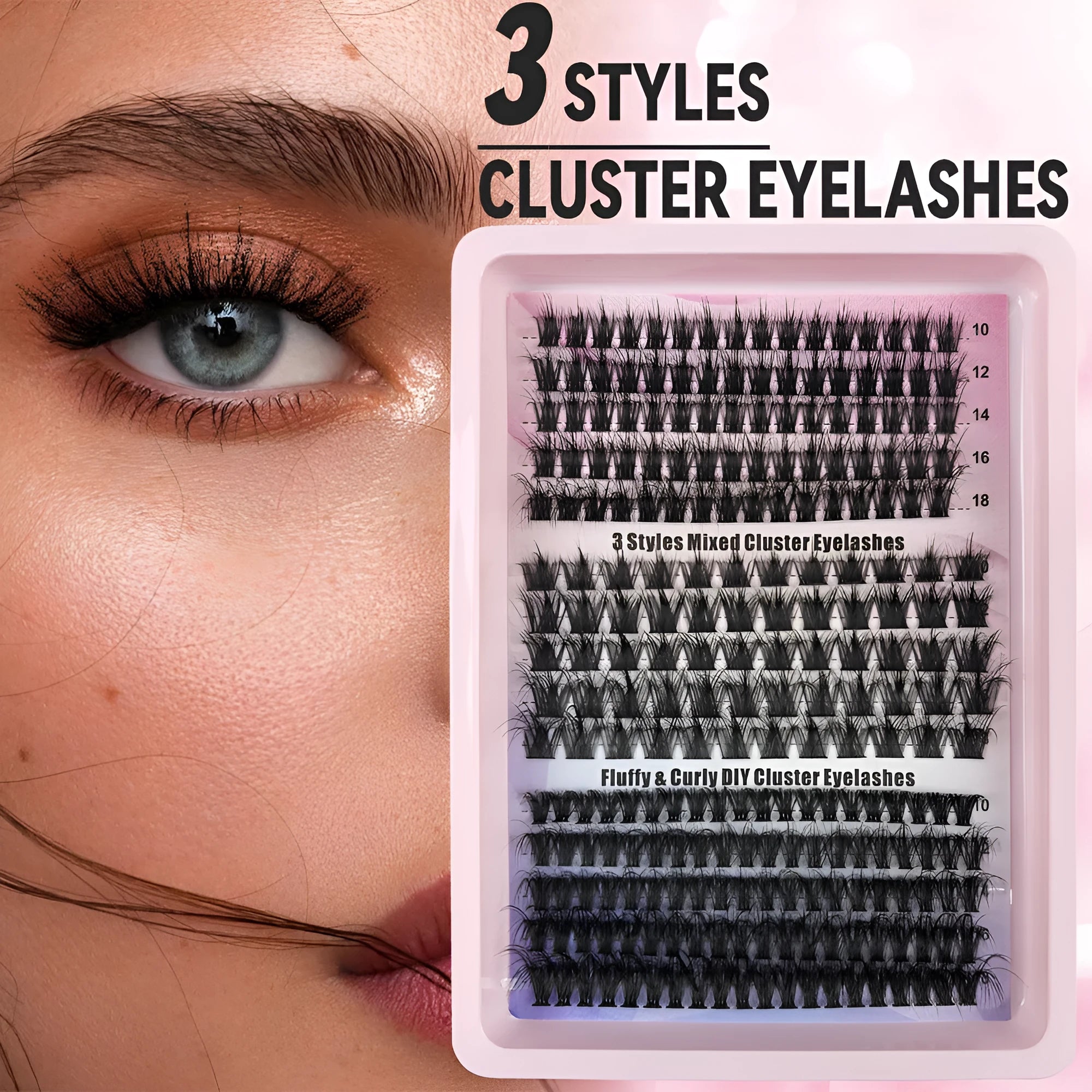 False eyelash storage box with mixed eyelashes inside, showing dimensions of 13.7cm by 13.5cm