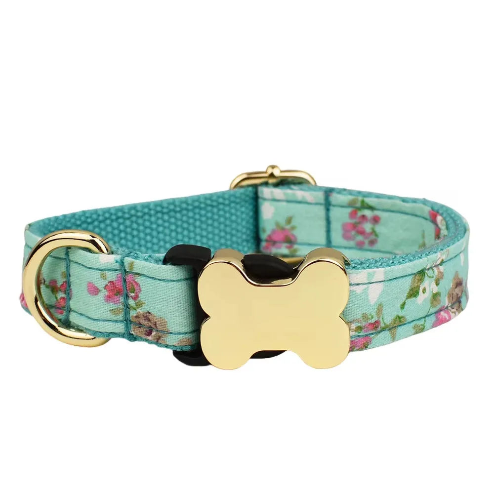 Flat nylon dog collar with printed grid pattern and bone buckle in assorted colours
