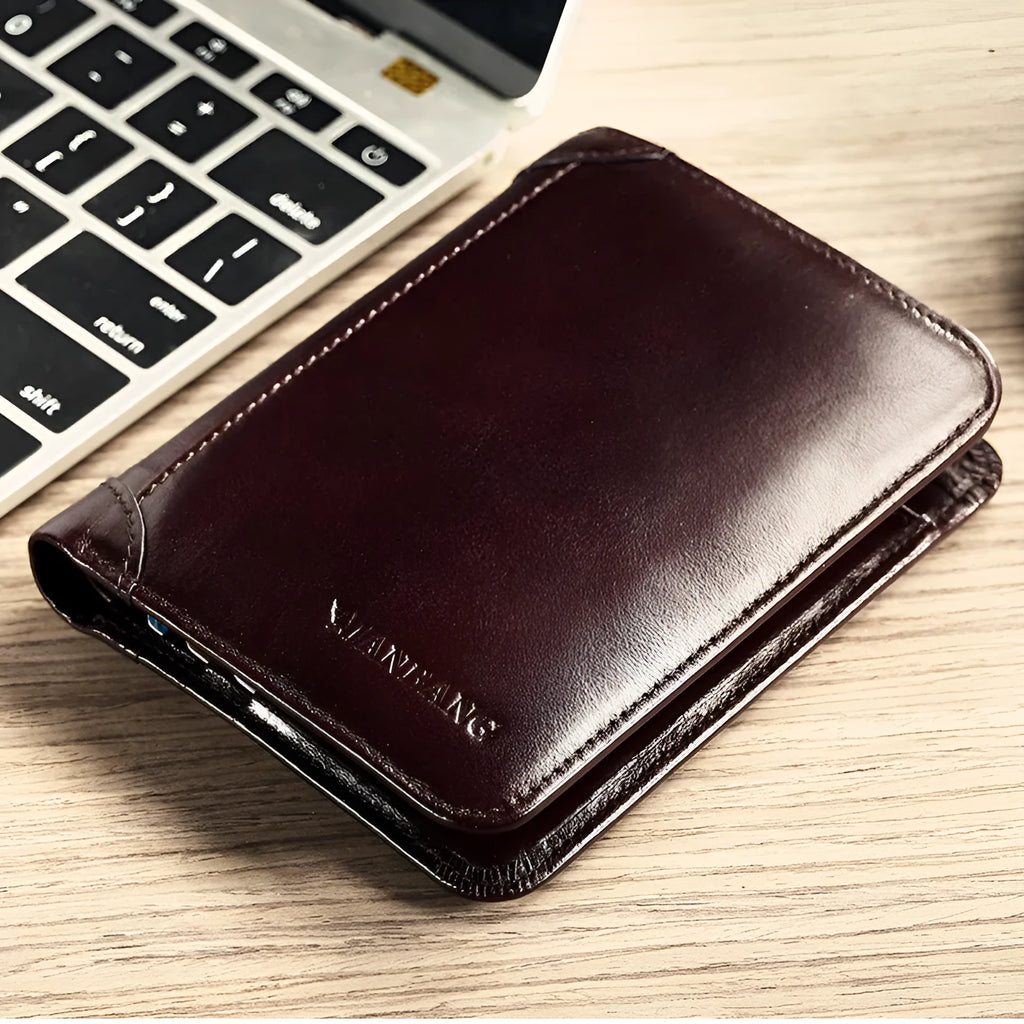 Men's leather wallet showing internal compartments for cards, cash, coins and documents