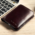 Men's leather wallet showing internal compartments for cards, cash, coins and documents