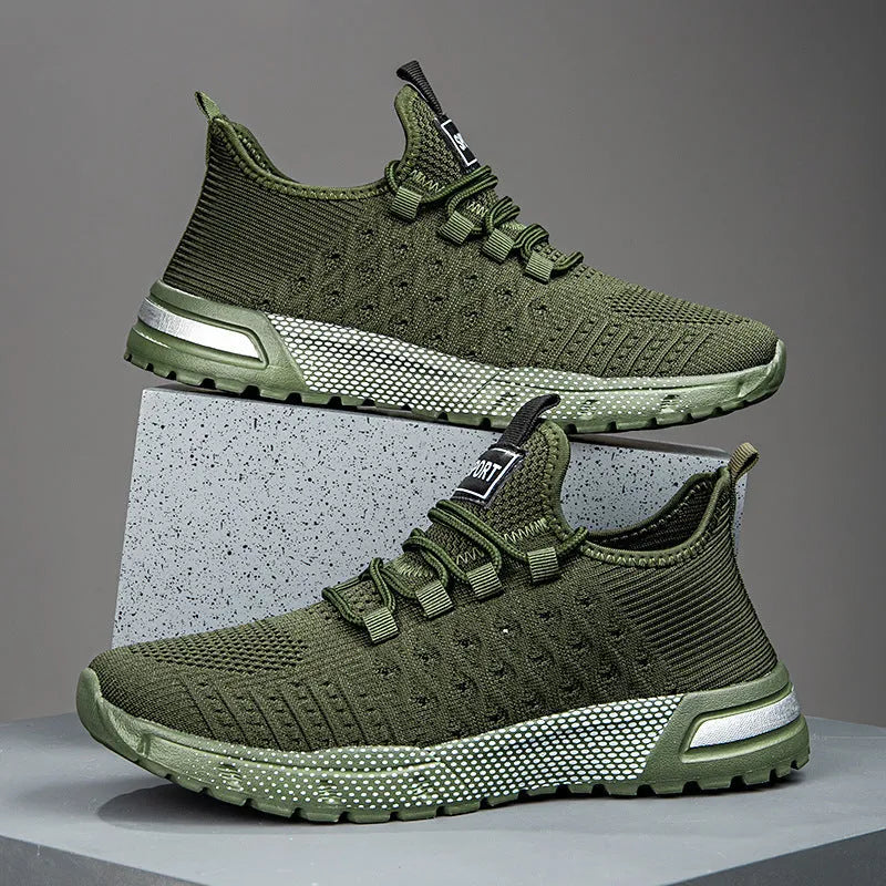 Men's solid colour casual shoes with mesh upper in Army Green, shown alongside black, gray, white, and khaki colour options.