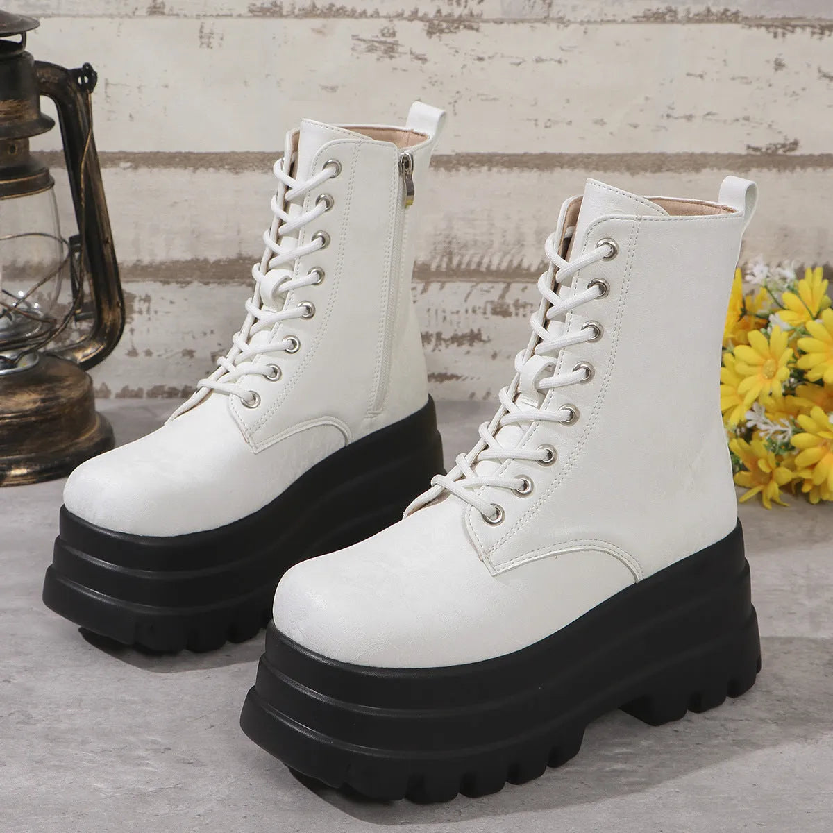 Women's mid-calf retro patchwork Martin boots with platform heel and side zip in black, green or white