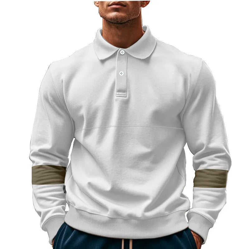 Men's long-sleeved lapel polo shirt with button front in five colour options including khaki and black