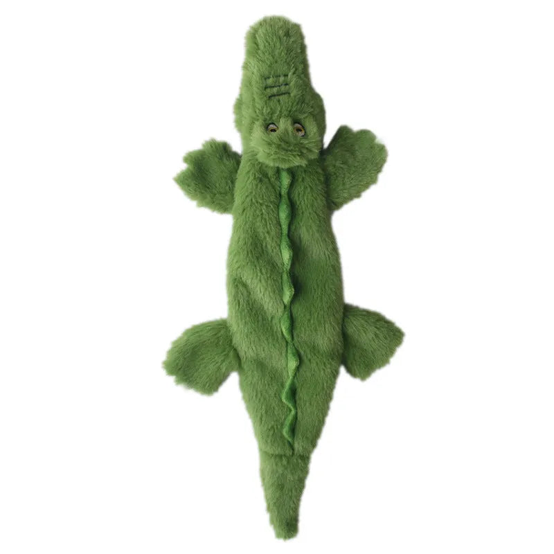 Green crocodile-shaped plush dog toy with no stuffing, for aggressive chewers